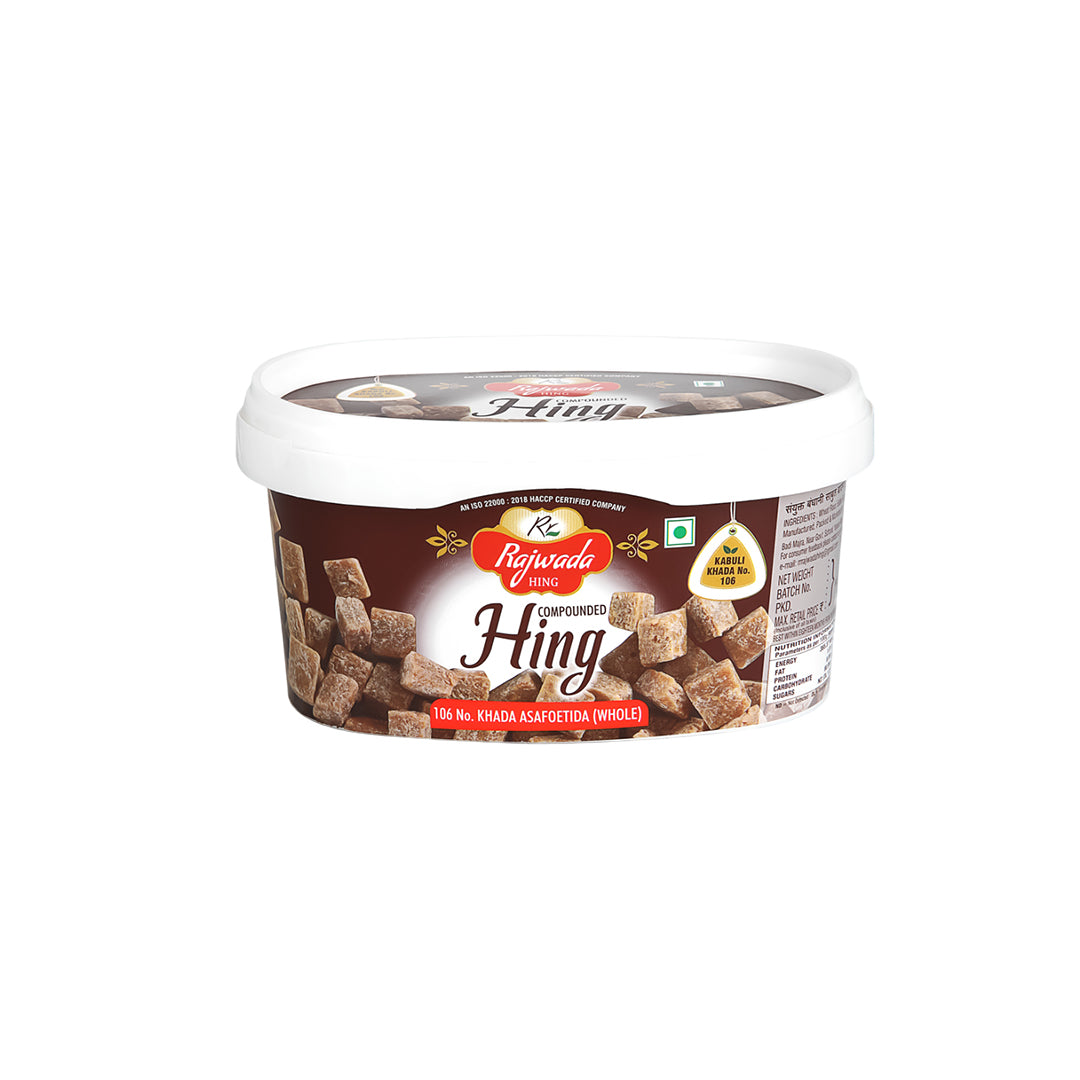 Container of Rajwada Hing-106 No, Compounded Hing Cubes on a white background