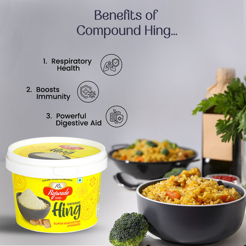 Container of compound hing- Rajwada Hing with benefits listed and a bowl of food in the background