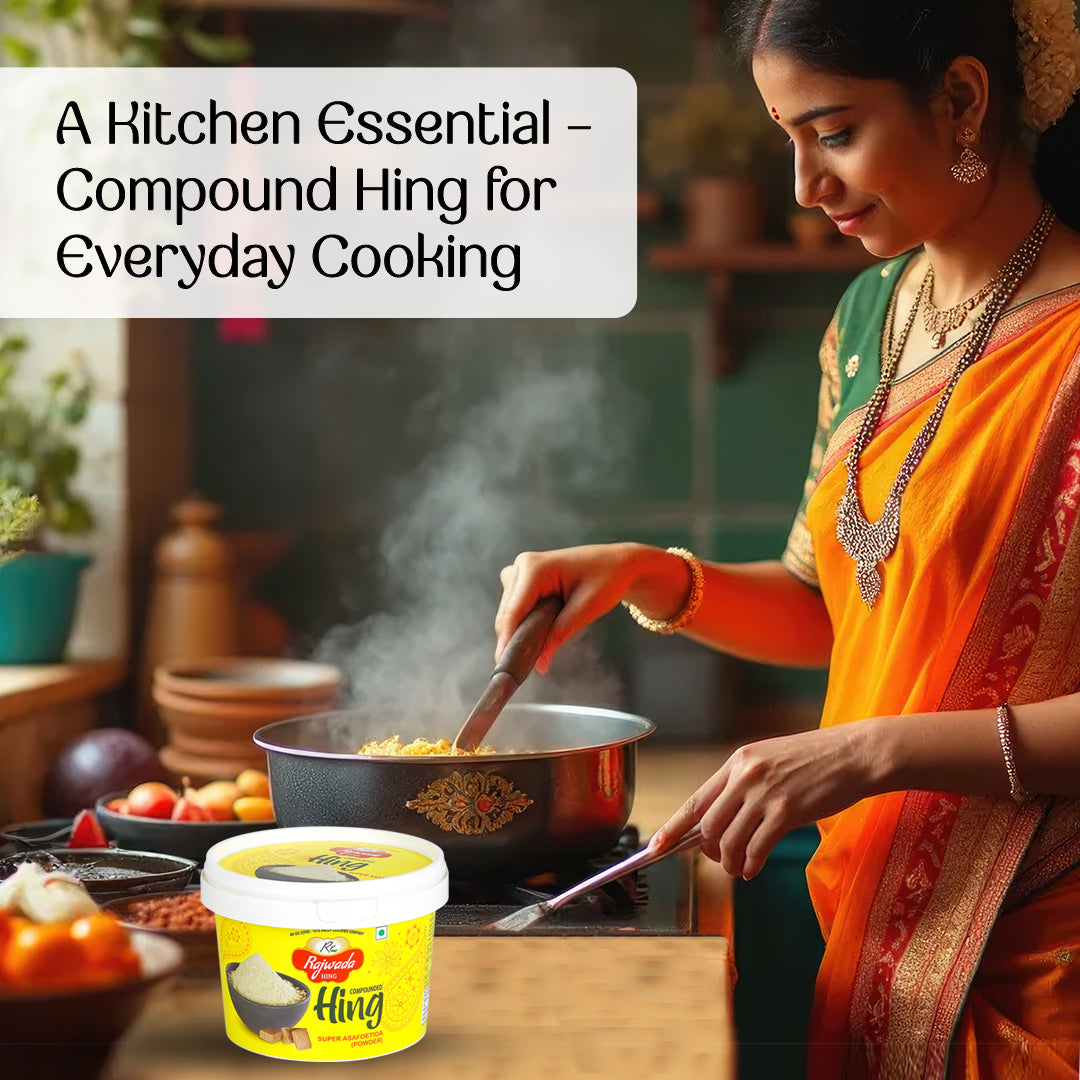 Woman cooking with a pot on a stove, surrounded by kitchen items, with a container of Compound Hing - Rajwada Hing in the foreground.