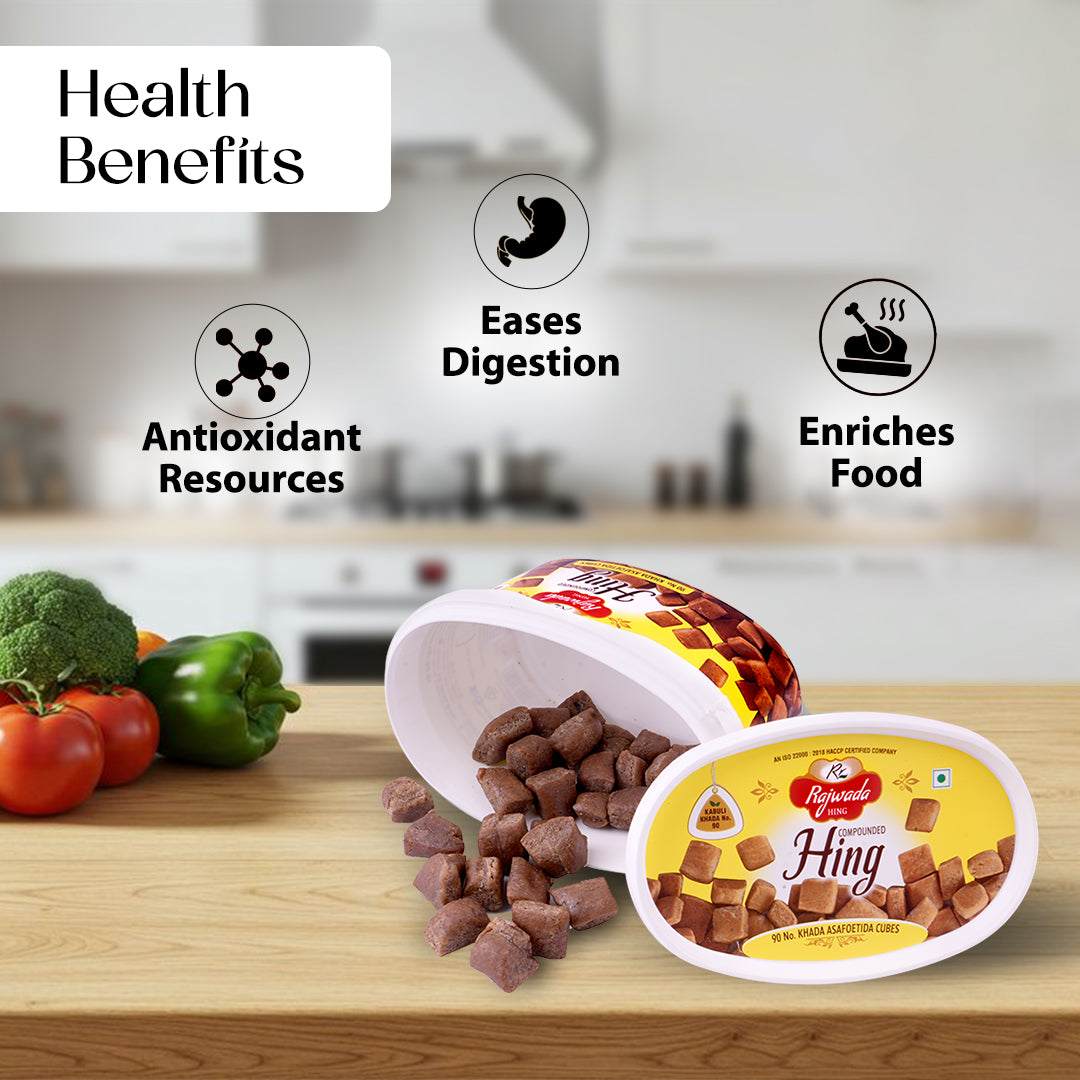 Premium Hing Cubes – Strong Aroma & Authentic Indian Flavor Hing containers on a kitchen counter with health benefits text overlay