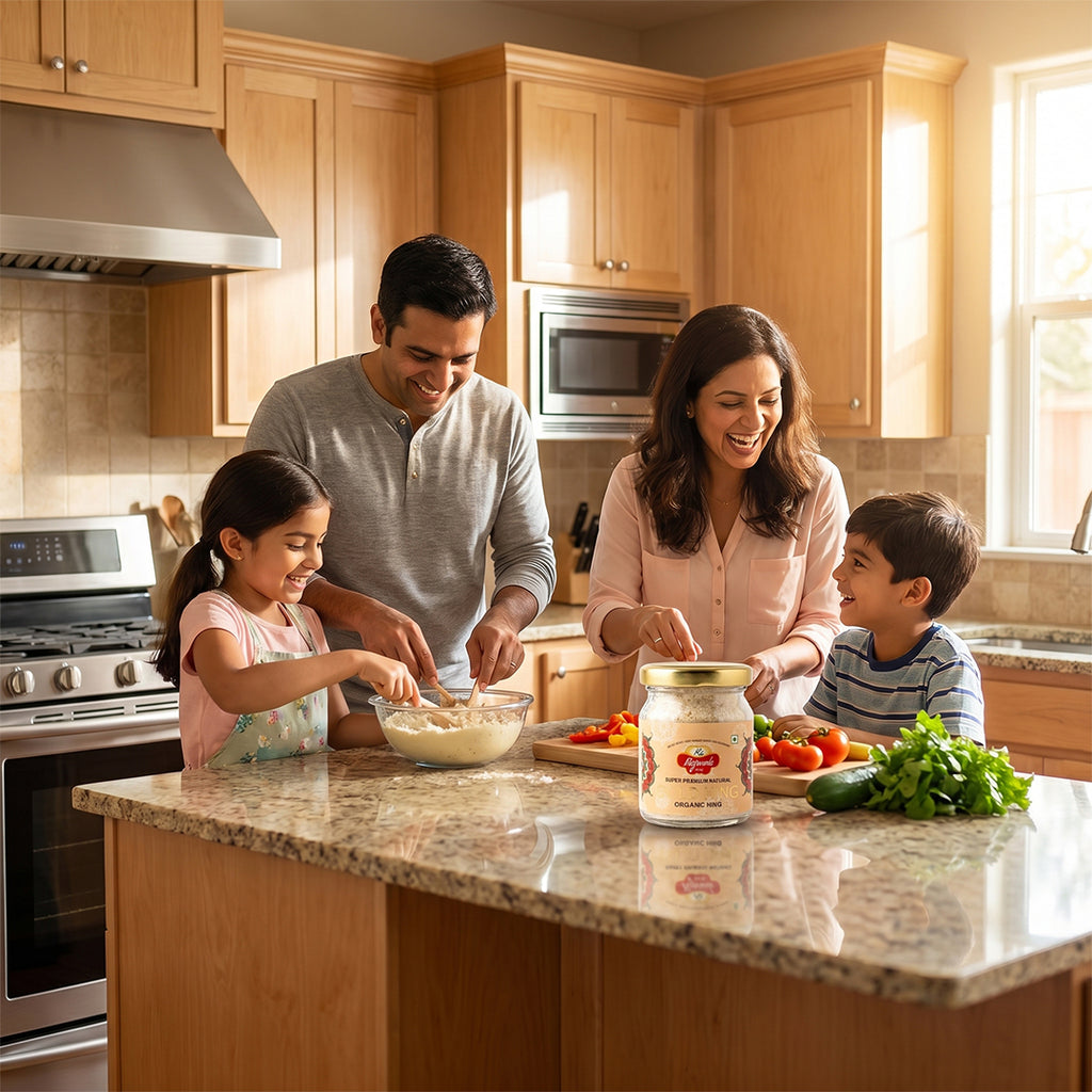 Family of four in a kitchen preparing food together With use of Rajwada- Gold Hing