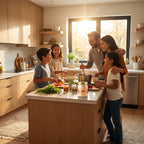 Family of five in a modern kitchen preparing food together With use of Rajwada- Gold Hing