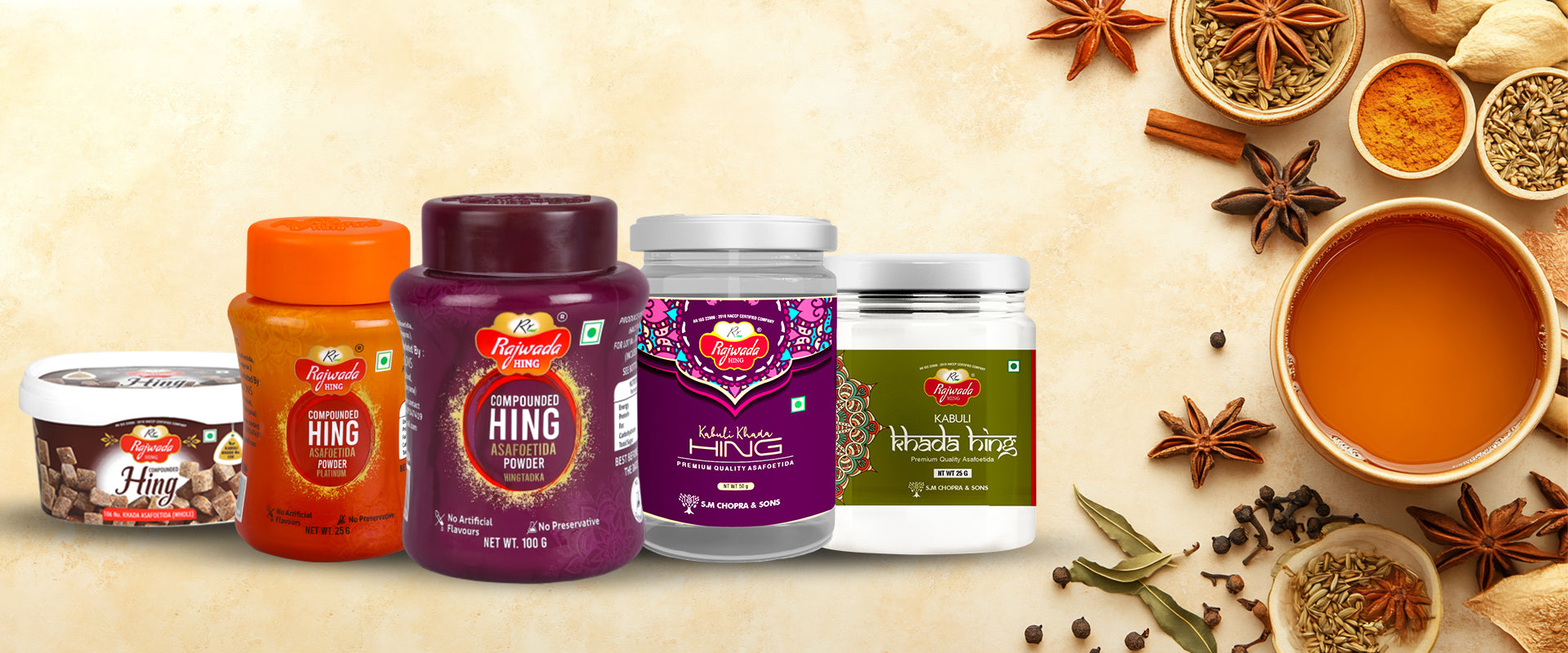 Rajwada Hing - Collectipn of Products as banner image Hing (Asafoetida) products and spices on a beige background