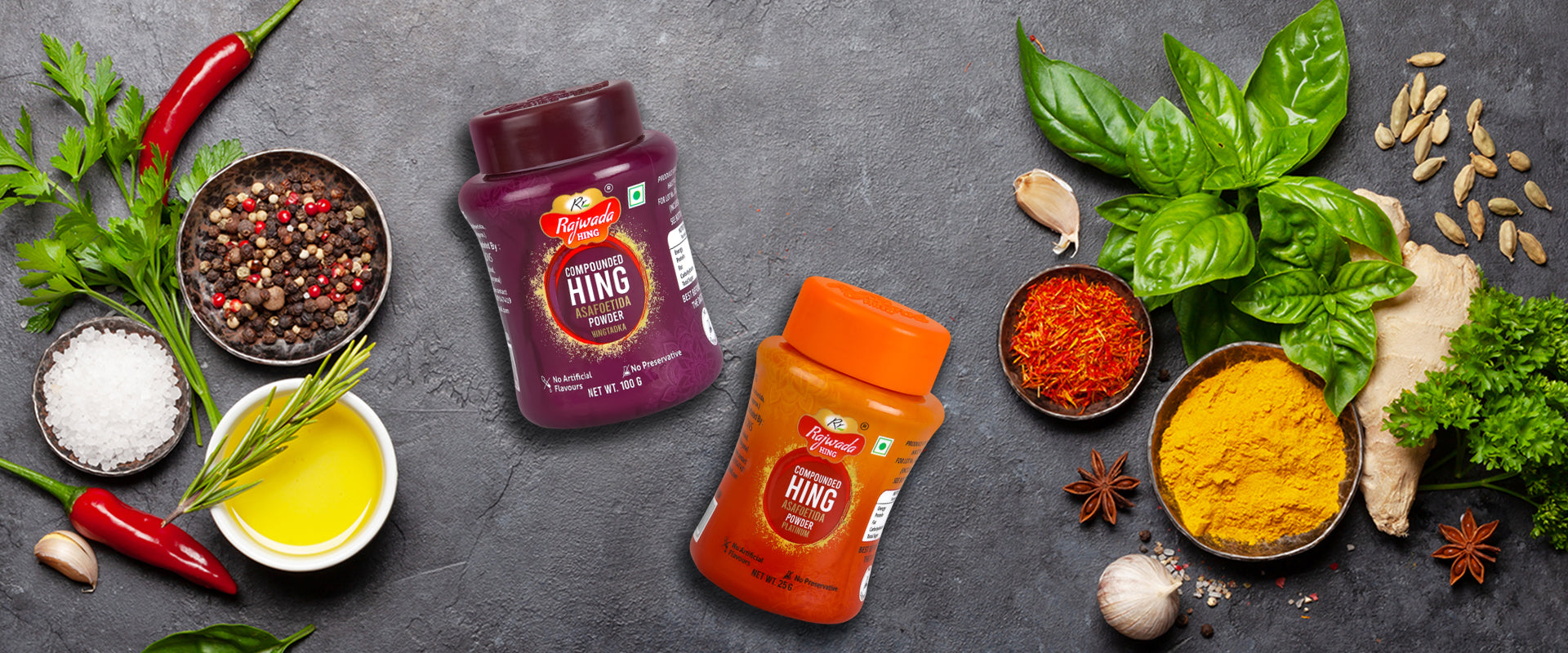 Two bottles of Hing Rajwada Hing - banner image bset hing in Indiawith ingredients on a dark surface