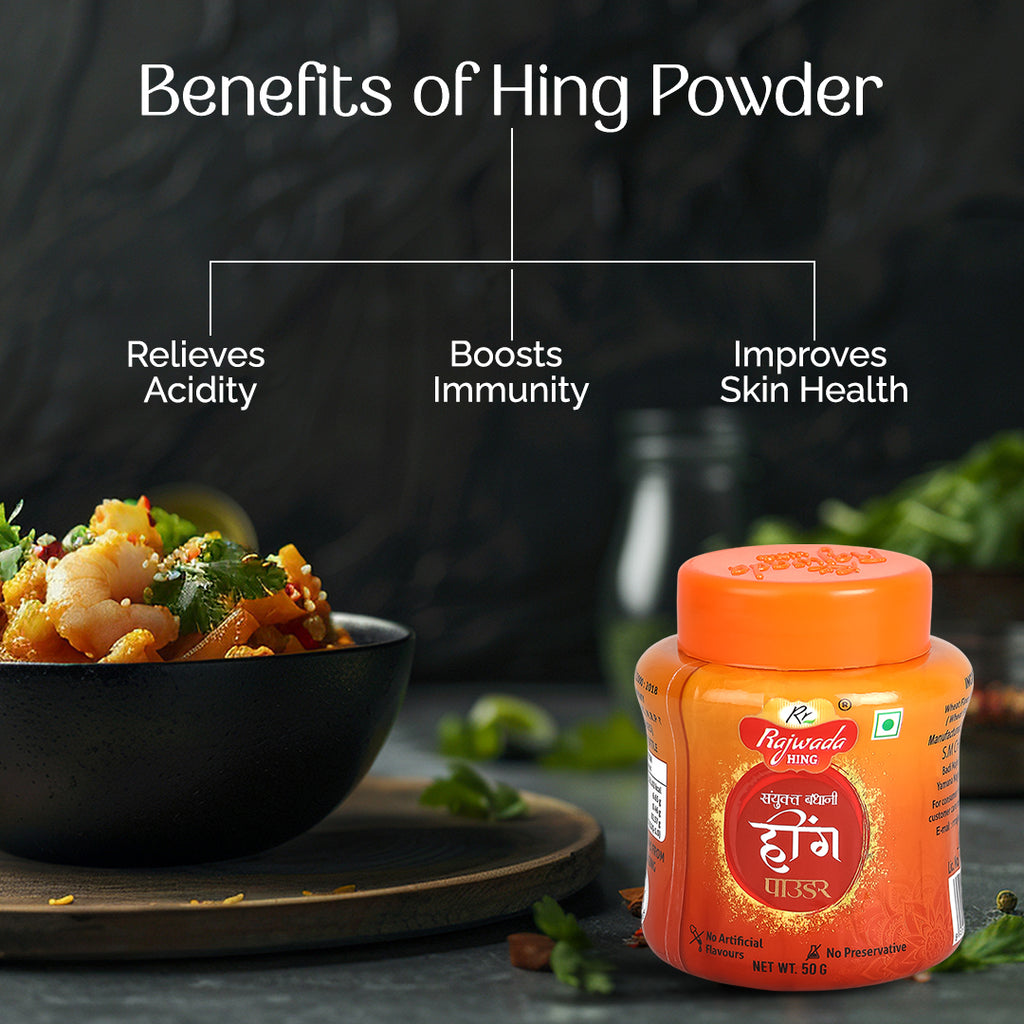 Jar of Sanyukt Bandhani Hing Platinum Powder with a bowl of food and text on benefits on a dark background