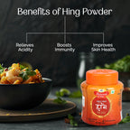 Jar of Sanyukt Bandhani Hing Platinum Powder with a bowl of food and text on benefits on a dark background